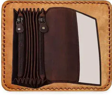 Čašnícka peňaženka kovové zipsy brúsená koža